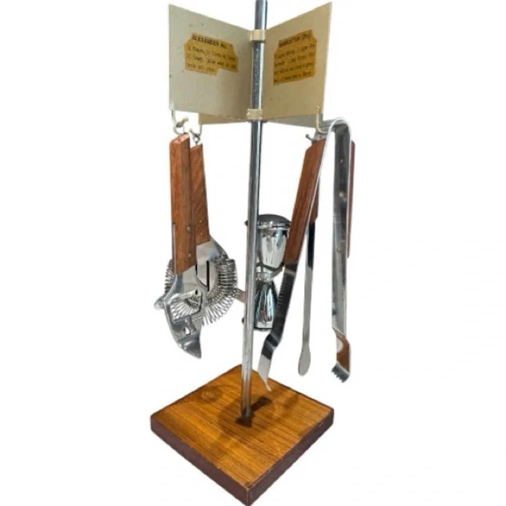MCM Vintage Bar Accessory Set on Stand with Drink Recipe Cards